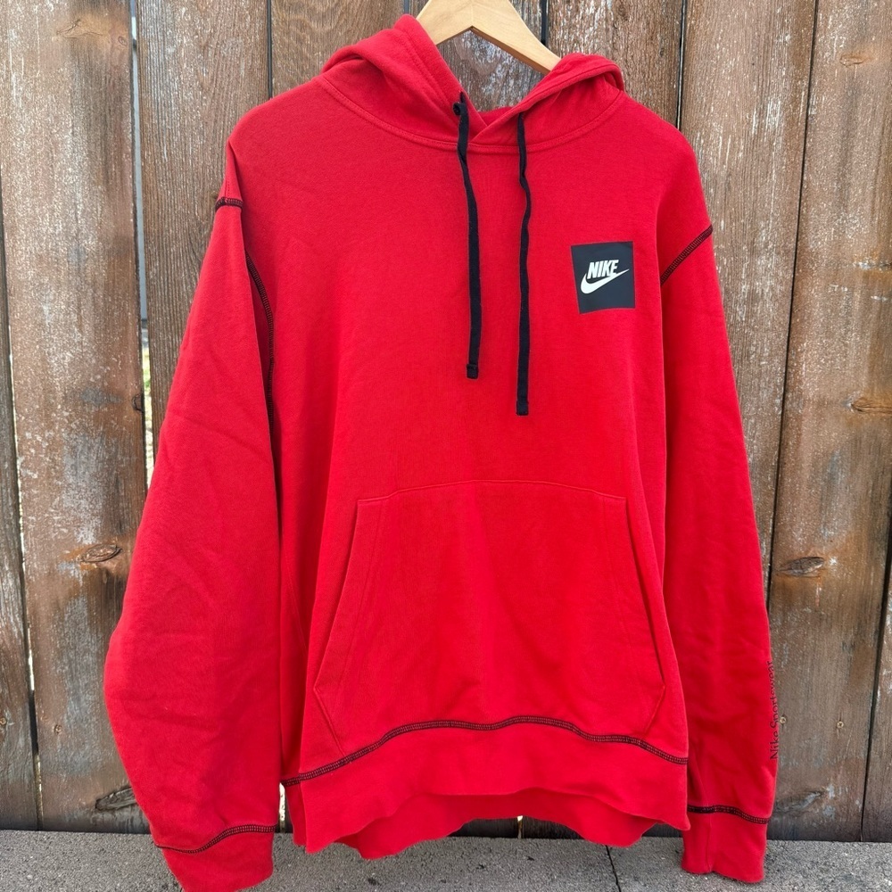Nike Men's Red Black Just Do It Loose Fit Hoodie Sweatshirt Pullover Size Large